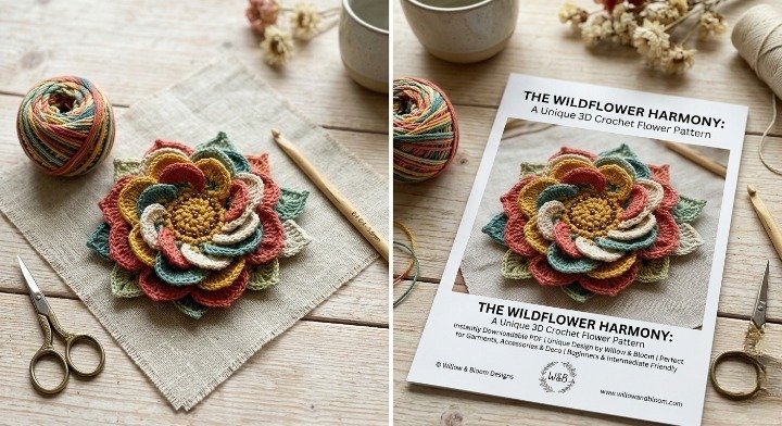 3D Crochet Flower Wall Art Pattern, Layered Mandala Floral Wall Hanging PDF, Bohemian Wildflower Home Decor, Textured Crochet Mandala Tutorial