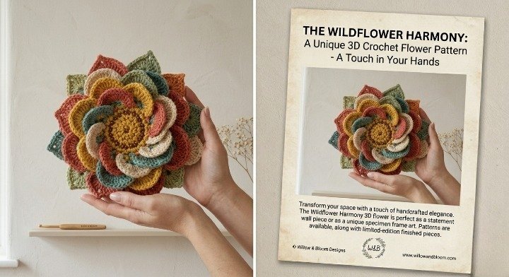 3D Crochet Flower Wall Art Pattern, Layered Mandala Floral Wall Hanging PDF, Bohemian Wildflower Home Decor, Textured Crochet Mandala Tutorial