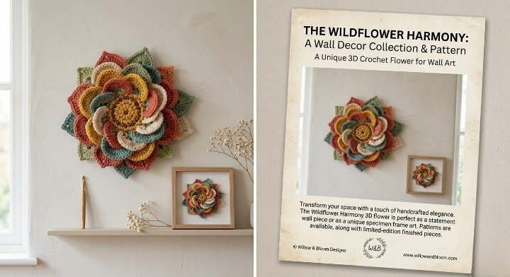 3D Crochet Flower Wall Art Pattern, Layered Mandala Floral Wall Hanging PDF, Bohemian Wildflower Home Decor, Textured Crochet Mandala Tutorial