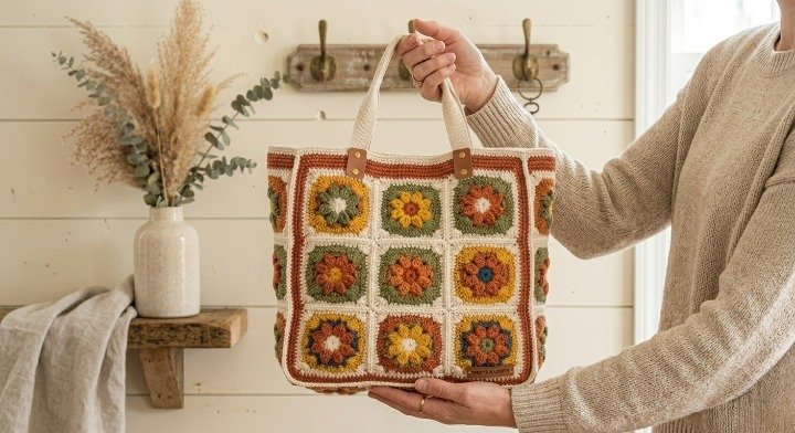 Boho Crochet Tote Bag, Sunflower Granny Square Purse, Retro Floral Shoulder Bag, Handmade Autumn Aesthetic Knit Handbag, Hippie Cottagecore Bag