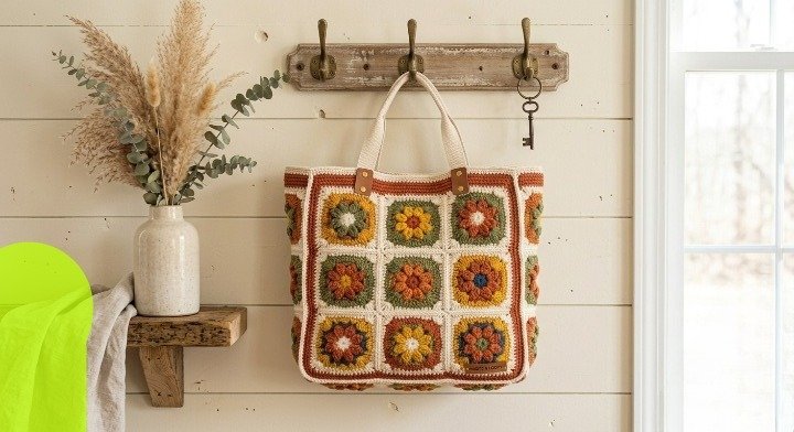 Boho Crochet Tote Bag, Sunflower Granny Square Purse, Retro Floral Shoulder Bag, Handmade Autumn Aesthetic Knit Handbag, Hippie Cottagecore Bag