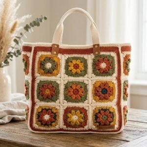 Boho Crochet Tote Bag, Sunflower Granny Square Purse, Retro Floral Shoulder Bag, Handmade Autumn Aesthetic Knit Handbag, Hippie Cottagecore Bag
