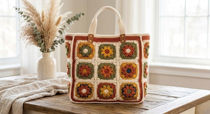 Boho Crochet Tote Bag, Sunflower Granny Square Purse, Retro Floral Shoulder Bag, Handmade Autumn Aesthetic Knit Handbag, Hippie Cottagecore Bag