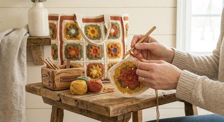 Boho Crochet Tote Bag, Sunflower Granny Square Purse, Retro Floral Shoulder Bag, Handmade Autumn Aesthetic Knit Handbag, Hippie Cottagecore Bag - Image 2