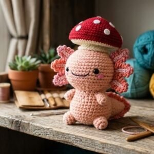 Crochet Axolotl with Mushroom Hat Pattern, Amigurumi Axolotl Pattern, Cute Crochet Animal Pattern PDF, Cottagecore Crochet Plushie