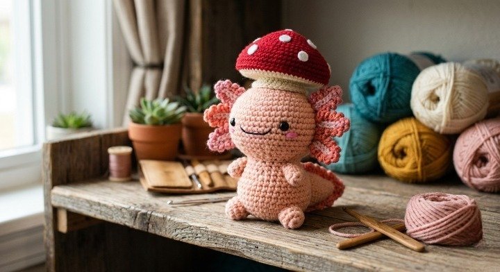 Crochet Axolotl with Mushroom Hat Pattern, Amigurumi Axolotl Pattern, Cute Crochet Animal Pattern PDF, Cottagecore Crochet Plushie