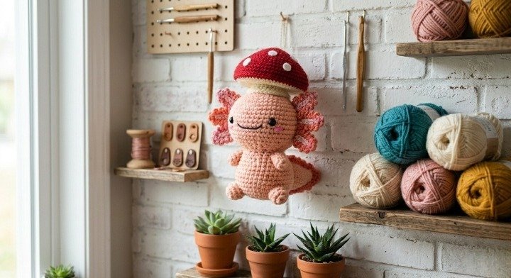 Crochet Axolotl with Mushroom Hat Pattern, Amigurumi Axolotl Pattern, Cute Crochet Animal Pattern PDF, Cottagecore Crochet Plushie