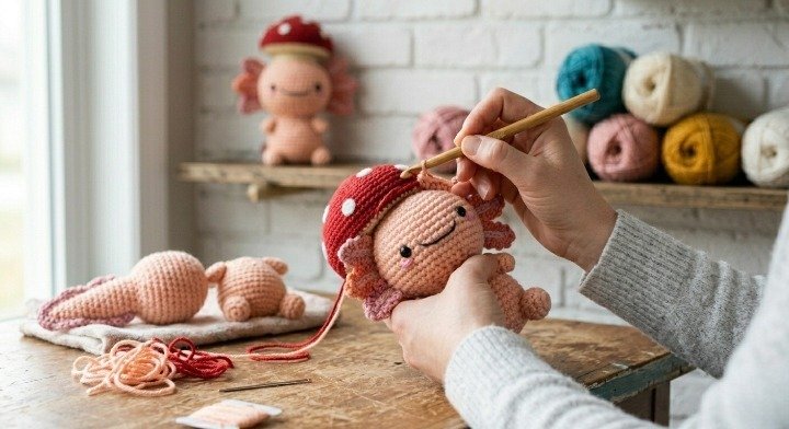 Crochet Axolotl with Mushroom Hat Pattern, Amigurumi Axolotl Pattern, Cute Crochet Animal Pattern PDF, Cottagecore Crochet Plushie - Image 3