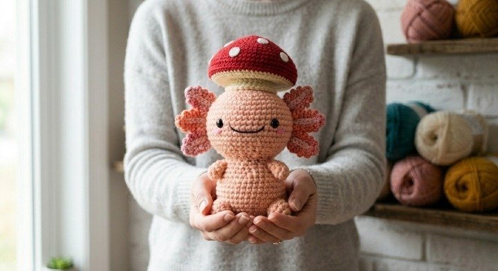 Crochet Axolotl with Mushroom Hat Pattern, Amigurumi Axolotl Pattern, Cute Crochet Animal Pattern PDF, Cottagecore Crochet Plushie