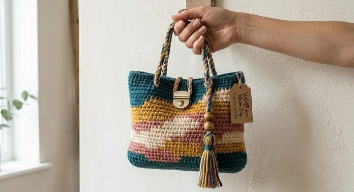 Crochet Bag Pattern, Wavy Landscape Tote Bag Tutorial, Colorful Boho Shoulder Bag PDF, Modern Tapestry Crochet Purse Guide, DIY Summer Beach Bag