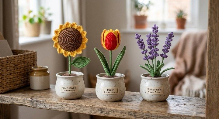 Crochet Flower Pattern Bundle, 3-in-1 Amigurumi Potted Plants PDF, Sunflower Tulip Lavender Tutorial, Cottagecore Home Decor DIY, Crochet Gift Set