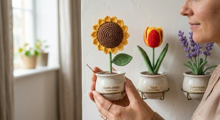 Crochet Flower Pattern Bundle, 3-in-1 Amigurumi Potted Plants PDF, Sunflower Tulip Lavender Tutorial, Cottagecore Home Decor DIY, Crochet Gift Set