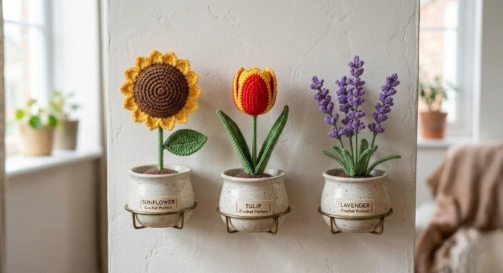 Crochet Flower Pattern Bundle, 3-in-1 Amigurumi Potted Plants PDF, Sunflower Tulip Lavender Tutorial, Cottagecore Home Decor DIY, Crochet Gift Set