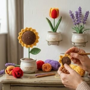 Crochet Flower Pattern Bundle, 3-in-1 Amigurumi Potted Plants PDF, Sunflower Tulip Lavender Tutorial, Cottagecore Home Decor DIY, Crochet Gift Set