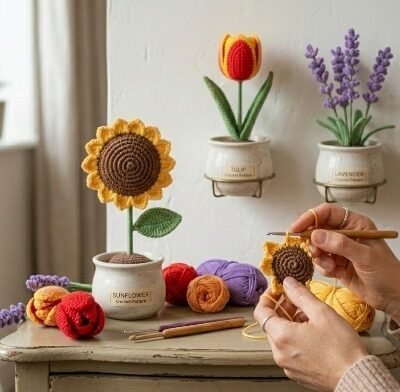 Crochet Flower Pattern Bundle, 3-in-1 Amigurumi Potted Plants PDF, Sunflower Tulip Lavender Tutorial, Cottagecore Home Decor DIY, Crochet Gift Set