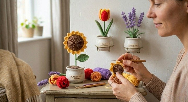 Crochet Flower Pattern Bundle, 3-in-1 Amigurumi Potted Plants PDF, Sunflower Tulip Lavender Tutorial, Cottagecore Home Decor DIY, Crochet Gift Set