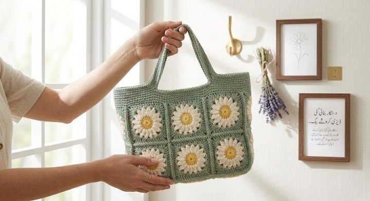 Daisy Granny Square Tote Bag Crochet Pattern, Sunburst Floral Shoulder Bag PDF, Retro Summer Market Bag Tutorial, Sage Green Crochet Purse Guide
