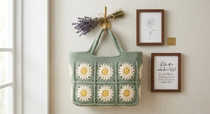 Daisy Granny Square Tote Bag Crochet Pattern, Sunburst Floral Shoulder Bag PDF, Retro Summer Market Bag Tutorial, Sage Green Crochet Purse Guide