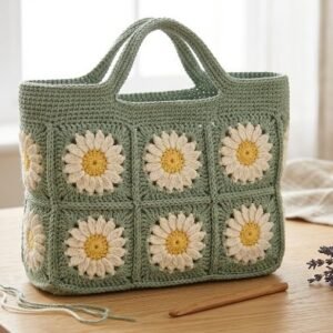 Daisy Granny Square Tote Bag Crochet Pattern, Sunburst Floral Shoulder Bag PDF, Retro Summer Market Bag Tutorial, Sage Green Crochet Purse Guide
