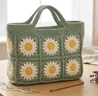 Daisy Granny Square Tote Bag Crochet Pattern, Sunburst Floral Shoulder Bag PDF, Retro Summer Market Bag Tutorial, Sage Green Crochet Purse Guide