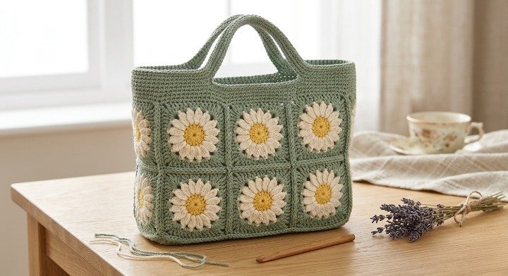Daisy Granny Square Tote Bag Crochet Pattern, Sunburst Floral Shoulder Bag PDF, Retro Summer Market Bag Tutorial, Sage Green Crochet Purse Guide