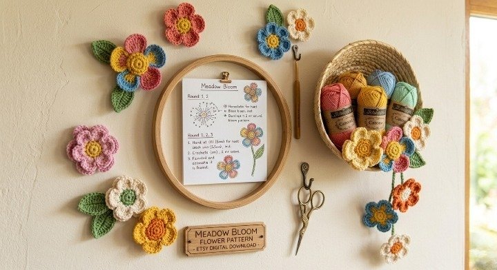 Retro Wildflower Crochet Pattern, Layered 3D Flower Motif PDF, Cute Floral Applique Tutorial, Colorful Meadow Bloom Coaster, Scrap Yarn DIY Project