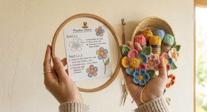Retro Wildflower Crochet Pattern, Layered 3D Flower Motif PDF, Cute Floral Applique Tutorial, Colorful Meadow Bloom Coaster, Scrap Yarn DIY Project