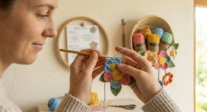 Retro Wildflower Crochet Pattern, Layered 3D Flower Motif PDF, Cute Floral Applique Tutorial, Colorful Meadow Bloom Coaster, Scrap Yarn DIY Project