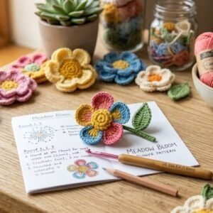 Retro Wildflower Crochet Pattern, Layered 3D Flower Motif PDF, Cute Floral Applique Tutorial, Colorful Meadow Bloom Coaster, Scrap Yarn DIY Project
