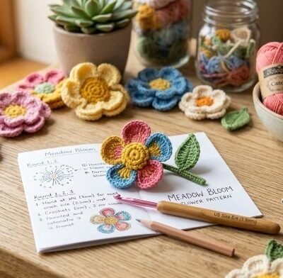 Retro Wildflower Crochet Pattern, Layered 3D Flower Motif PDF, Cute Floral Applique Tutorial, Colorful Meadow Bloom Coaster, Scrap Yarn DIY Project