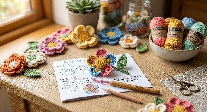 Retro Wildflower Crochet Pattern, Layered 3D Flower Motif PDF, Cute Floral Applique Tutorial, Colorful Meadow Bloom Coaster, Scrap Yarn DIY Project